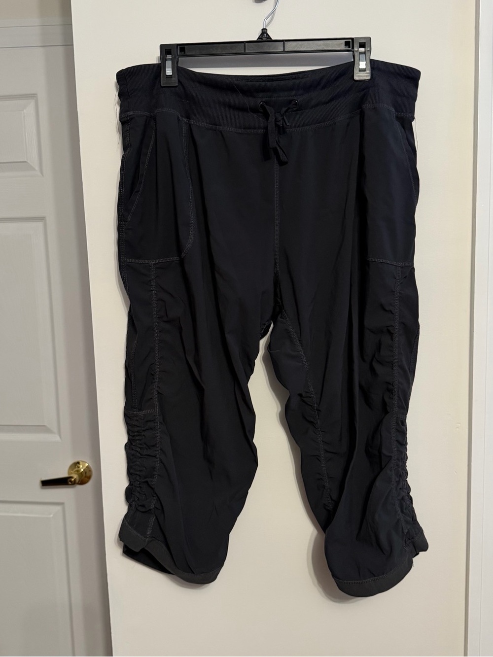 Black Drawstring Capris with Ruched Side Panels